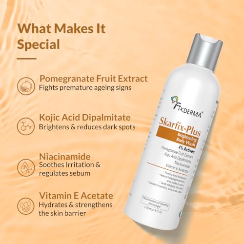 Image of Fixderma Skarfix Plus Brightening Body Wash with 4% Actives (Kojic Acid, Niacinamide Acid, & Vitamin E) | Skin Brightening Body Wash Shower Gel Women & Men | For Hyperpigmentation & Acne Marks - 200ml