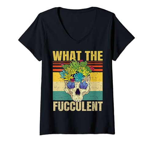 Womens What The Fucculent - Succulent Skull - Cactus - Retro Garden V-Neck T-Shirt