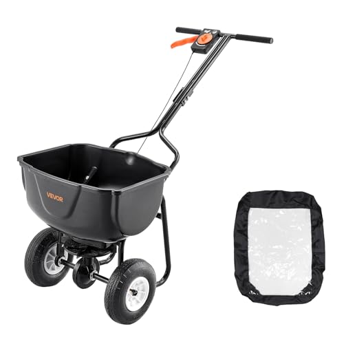 VEVOR Walk Behind Spreader 60LBS Capacity Push Spreader with 0-9.8 ft Spreading Width 8 in All Terrain Pneumatic Tires Garden & Lawn Broadcast Spreaders for Seed Fertilizer
