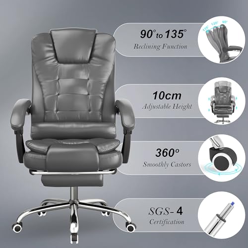 Blisswood Office Chair, Desk Chair with Lumbar Support, Ergonomic Office Chair with Footrest, Adjustable Height, 135° Recline Tilt Function 360° Swivel for Home Office Working (Grey)