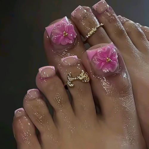 Image of Pink 3D Flower Press on Toenails Short Square Fake Toe Nails with Floral Design Glossy Full Cover Pink French Tip Stick on Toenails for Women Spring Manicure 24Pcs