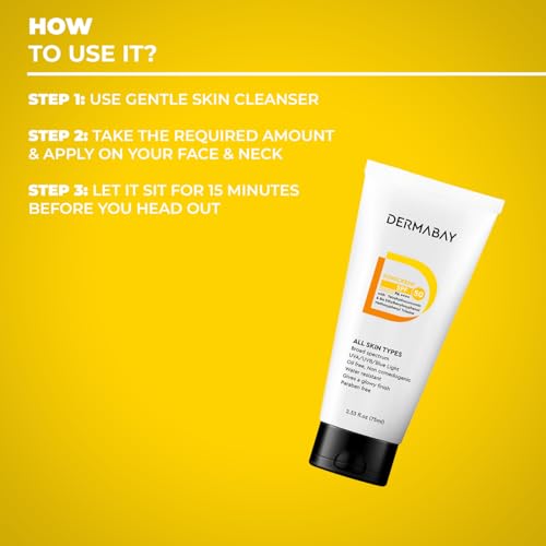 Dermabay Sunscreen SPF 50 PA++++, Light, No white-cast Broad Spectrum & Blue Light Protection for Oily, Dry, Acne-prone Skin, Non-Comedogenic - 75ml