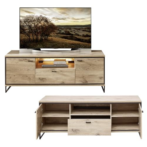 Lomadox Wohnwand TV-Wand inkl. Beleuchtung braun 4-teilig Modern, 1 Vitrine, 1 Highboard, 1 Wandboard, 1 Lowboard – Bild 5