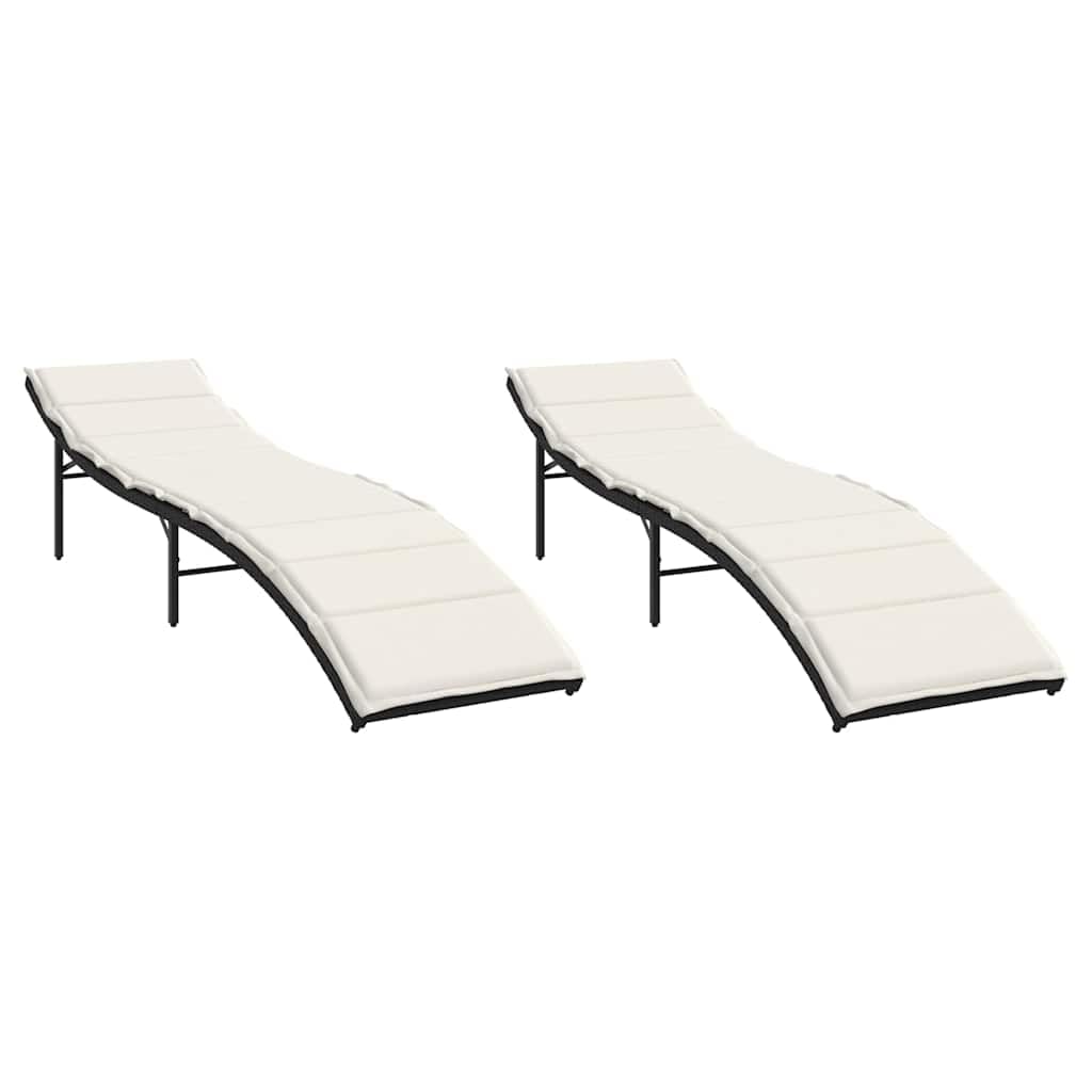 Juego de 2 tumbonas de ratán sintético con cojines en color negro | Cómoda tumbona de jardín para terraza y balcón con respaldo ajustable en 3 posiciones y cojines acolchados suaves.