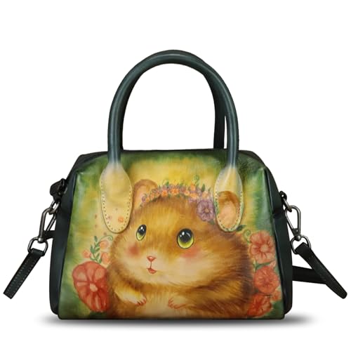 Image of Genuine Leather Handbag for Women Hand Painted Top Handle Purse Retro Handmade Satchel Vintage Crossbody Hobo Bag