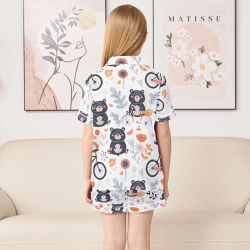 ALAZA Bear Cartoon Flower Floral Pajamas Satin Pajama Set Short Sleeve Button Down Sleepwear4