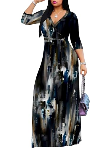 Image of PinkPatty Women's Plus Size Maxi Dresses Casual Flowy 3 /4 Sleeves Dress Printed Vacation Dress for Daily Wear with Belt