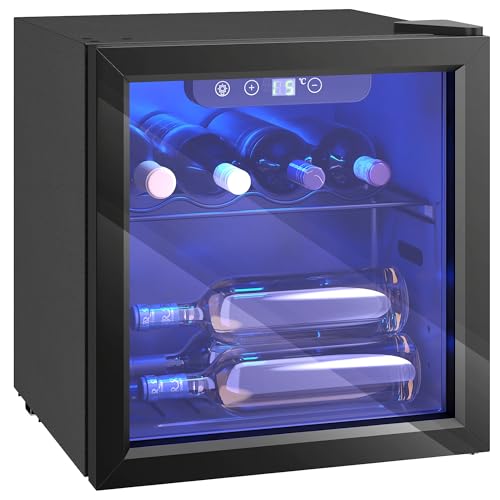 HOMCOM Vinoteca 12 Botellas, Nevera para Vinos con Capacidad de 36 L, Temperatura Ajustable 4 16℃, Puerta de Vidrio, Luz LED, Pantalla Táctil Digital, para Bebidas, Negro