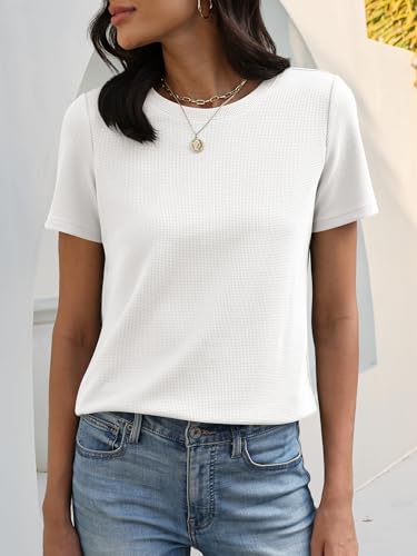 Image of ANRABESS Womens Waffle Knit Tops Short Sleeve Crewneck Shirts Curved Hem Summer Dressy Casual Blouses Spring Fashion Clothing