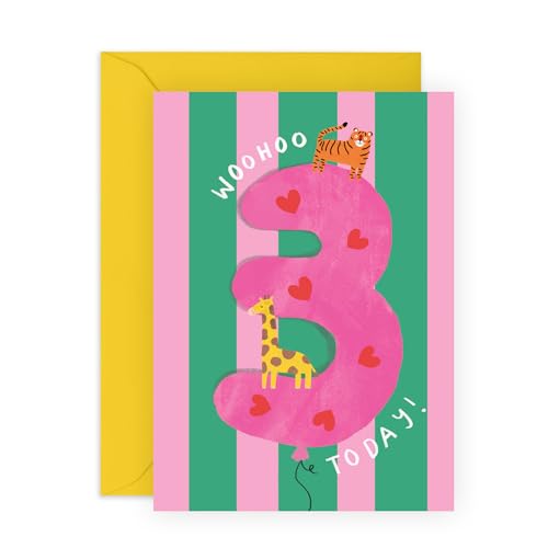 Central 23 3rd Birthday Card For Girls - Woohoo 3 Today - Safari Animals Giraffe Tiger - Kids Birthday Card For 3 Year Old - Age Three - For Daughter Granddaughter Niece - Comes With Stickers