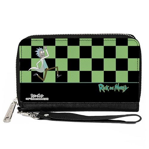 Buckle-Down Rick and Morty Wallet, Zip Around, RICK AND MORTY Rick Running Pose Checker Black/Green, Vegan Leather