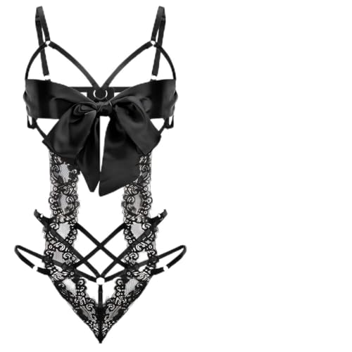 Sexy Damen Dessous Set, Erotische Translucent Spitze Riemchen Bodysuit mit Bogen, Overall Lingerie mit Loch Reizwäsche BH und Höschen Sets,...