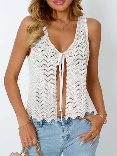 LILLUSORY Crochet Tops for Women Summer Vacation Outfits Beach Coverup Going Out Tie Front Spring Sweater Vest 2025 Fashion2