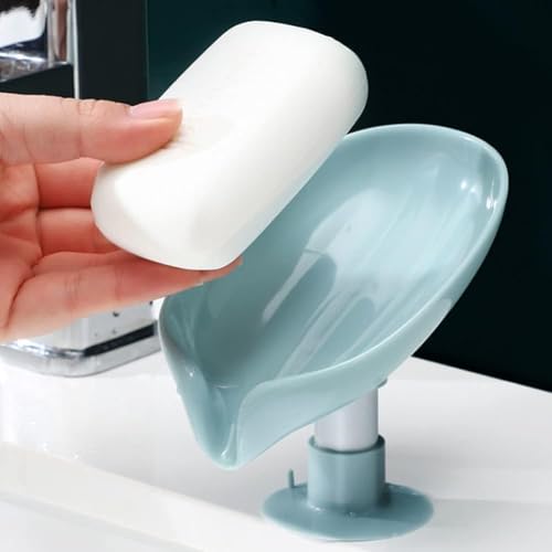 Image of Self-Draining Soap Dish (Set of 6) - Modern Leaf Design with Drainage Holes, Leak-Proof & Durable Plastic for Bathroom or Kitchen Sink, Easy to Clean (Blue)