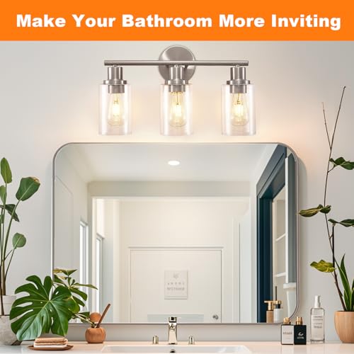 Image of DLLT 3-Light Bathroom Light Fixtures: Nickel Modern Vanity Lights with E26 Bulbs - Clear Glass Shade Bathroom Wall Lamp for Mirror Kitchen Living Room Hallway Cabinet Porch