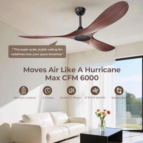 Image of Obabala 60 Inch Ceiling Fan Without Lights, Walnut Finish | Outdoor Ceiling Fan with Remote, 6-Speed Adjustable Reversible DC Motor for Patio & Living Room