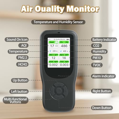 Image of 11-in-1 Air Quality Monitor - Portable Indoor Air Quality Detector with Stand, Real-Time Test for AQI, CO2, PM2.5, PM1.0, PM10, TVOC, HCHO, Particles, Temperature & Humidity with Aler (Black-White)