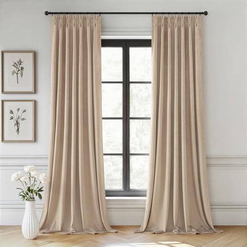 Image of MIULEE Camel Beige Velvet Curtains 90 inches Long, Pinch Pleated Blackout Drapes with Hooks, Thermal Insulated Pinch Pleat Panels for Bedroom Living Room, 2 Panels