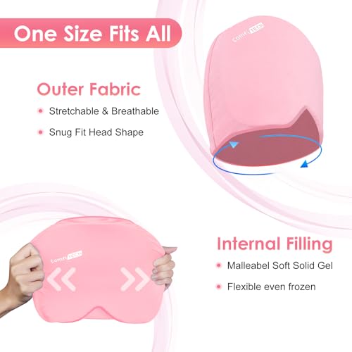 Image of ComfiTECH Head Ice Pack Wrap Cold Cap Cooling Gel Hat, Medium, Pink | Remains Pliable Frozen, Cold Compress for Head, Sinus Tension, Stress and Puffy Eyes