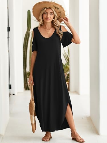 BELAROI Plus Size Maxi Dress for Curvy Women Summer Casual Cold Shoulder V Neck Pockets Beach Coverup Vacation Loose Sundress2