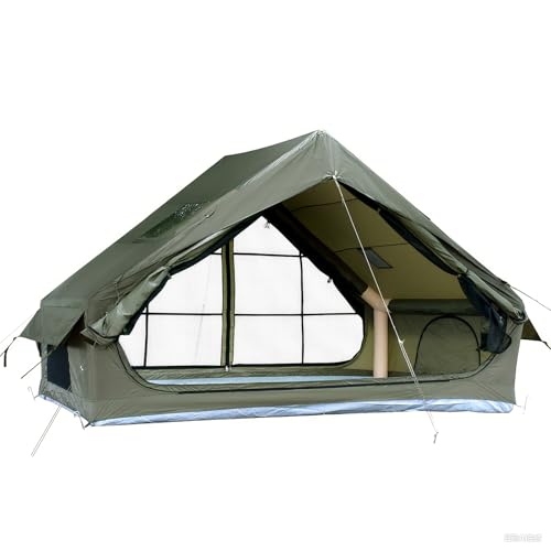 GOTENTIFY Dark Green Inflatable Tent for Camping, Blow Up Air Shelter with Hand Pump, Easy Setup 4 Season Waterproof Oxford Glamping with Stove Jack, Large Door & Skylight Window, 2–3 Person