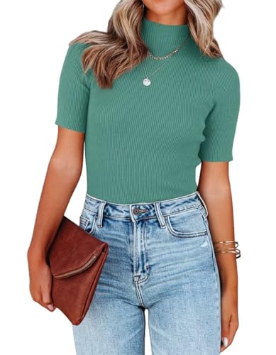 Image of Lacozy Women Casual Short Sleeve Shirt Basic Mock Neck Top Slim Fit Ribbed Knit Pullover Sweater