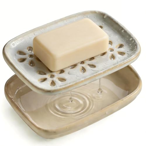 Miamolo Soap Dish for Shower with Drainage Double Layer Bar Soap Holder Ceramic Soap Saver Sponge Holder for Bathroom Tub and Kitchen Sink Slotted Draining Soap Dishes Extend Soap Life Beige