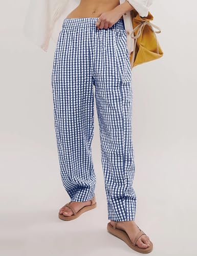 Image of PEHMEA Cotton Gingham Boxer Pants for Women Casual Plaid Harem Trousers Y2K Beach Lounge Bottoms with Pockets