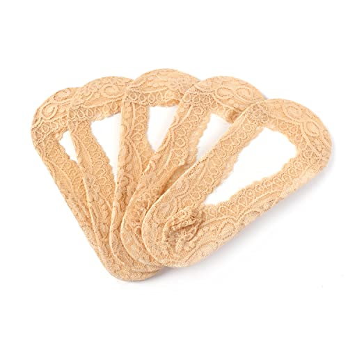 5 Pairs Skin Color No Show Socks Women Lace Low Cut Liner Socks Non Slip Flat Boat Crew Socks (2.39/pair)
