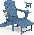 KINGYES Folding Adjustable Adirondack Chair with Retractable Ottoman, HDPE Reclining Adirondack Chair with Cup Holder, Blue