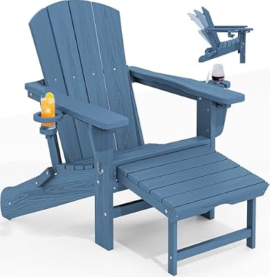 KINGYES Folding Adjustable Adirondack Chair with Retractable Ottoman, HDPE Reclining Adirondack Chair with Cup Holder, Blue