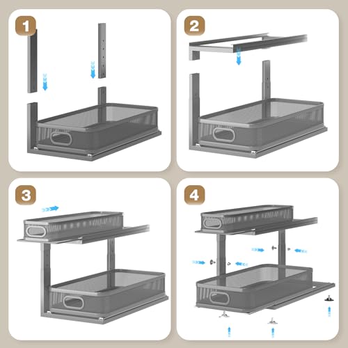 Image of 2 Pack 21IN-Depth Under Sink Organizer With Next-Gen Ball-Bearing Slides,2-Tier Precision Mesh Pull Out Cabinet Storage for Bathroom&Kitchen,Height Adjustable Drawers Shelf,Anti-rust-Grey