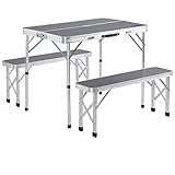 [page_title]-Casaria Alu Koffertisch Klappbar 2 Bänke Tragegriff Schirmhalterung 90x60 cm Campingtisch Klapptisch Campingmöbel Set Grau