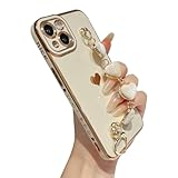 Caseative for iPhone 13 Case,Cute Plating Love Heart Wrist Strap Chain Bracelet Phone Case (White)