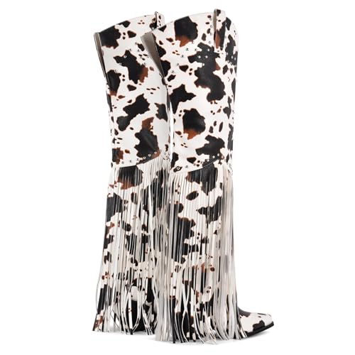 Image of richealnini Western Thigh High Cowboy Boots with Fringe Over Knee Wide Calf Cowgirl Boots