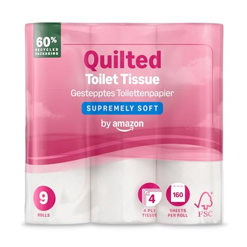 by Amazon Papel Higiénico, 4 Capas Acolchado, Ultra Suave, 9 Unidades, 160 Hojas por Rollo, Certificado FSC