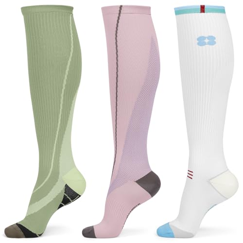 Queenshin 3 Pares Medias Calcetines de Compresión Mujer Hombre 35 44, Calcetín Hasta la Rodilla Cómodo y Transpirables para Deporte Running Volar Viajar Ciclismo Regalo Ideal(Rosa Verde Blanco)