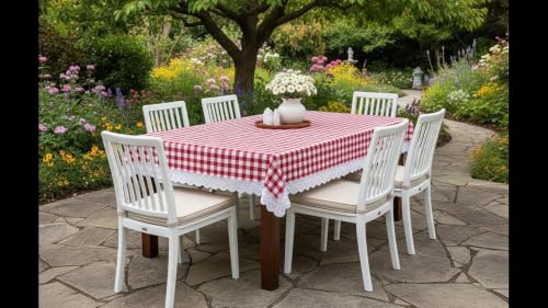 Image of Amazon Brand - Umi Cotton Tablecloth Pack of 2, 4-6 Seater Dining Table Cover, Red and White Gingham Check Rectangular Table Linen with Lace Trim 4 Corners, Classic Picnic Farmhouse Washable Set
