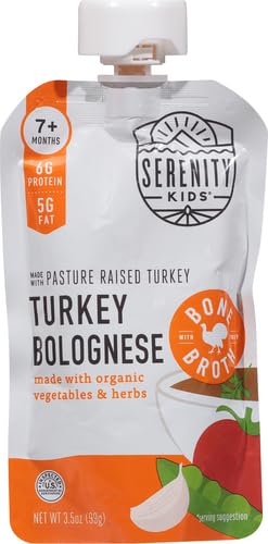 Image of Serenity Kids Bone Broth Puree Made With Organic Veggies | Clean Label Project Purity Award Certified | 3.5 Ounce BPA-Free Pouch | Free Range Turkey Bolognese | 1 Count (Pack of 3)