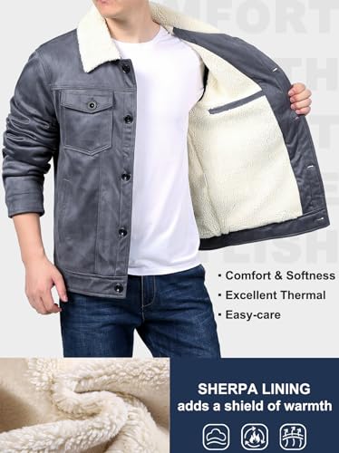 Image of LOUECHY Men's Sherpa Lined Jacket Faux Suede Trucker Jacket Fleece Warm Winter Coats