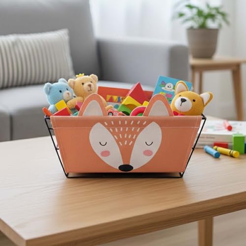 Image of Go Hooked Cute Fox Design Storage Basket for Kids | Strong Metal Wire Organizer with Detachable Fabric Liner | Multipurpose Basket for Toys, Fruits, Snacks, Bathroom, Wardrobe & Home Decor