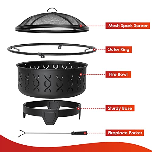 Singlyfire 30 Inch Fire Pits For Outside Wood Burning Outdoor Large Firepit Round Steel Firepit For Patio Backyard Garden Outdoor Heating,With Spark Screen,Log Grate,Poker, Black (Sfpr-001) #TOP2