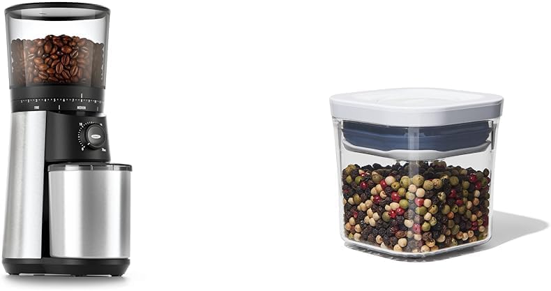 OXO Brew Conical Burr Coffee Grinder, Silver & Good Grips POP Container - Airtight Food Storage - Mini Square Mini 0.2 Qt Ideal for spices and dried herbs