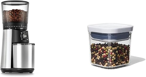 OXO Brew Conical Burr Coffee Grinder, Silver & Good Grips POP Container - Airtight Food Storage - Mini Square Mini 0.2 Qt Ideal for spices and dried herbs
