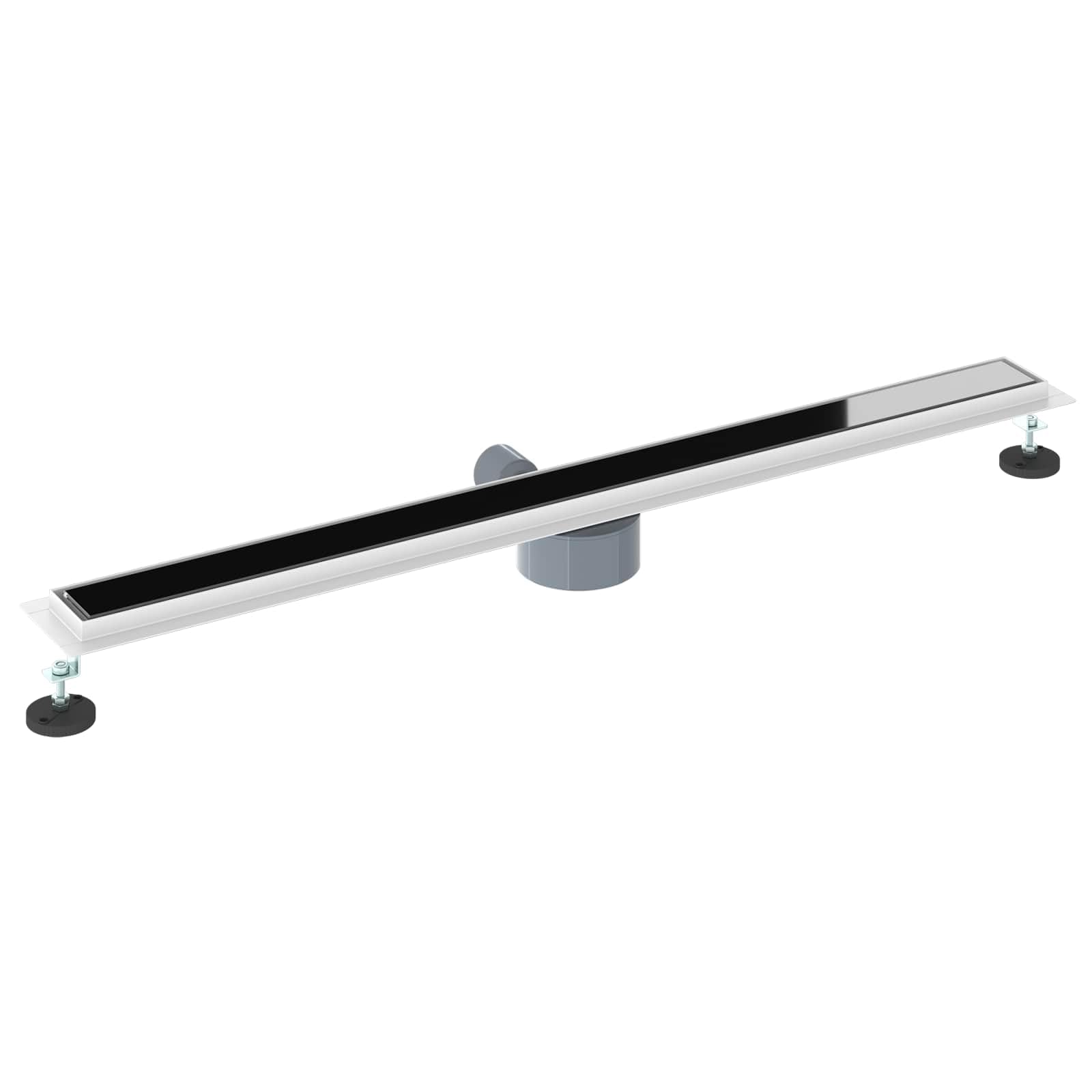 Canalina per doccia in acciaio inox, 100 cm, nera, con copertura in vetro, sifone girevole a 360°, scarico a pavimento per docce senza barriere, con piedini regolabili in altezza