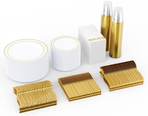 700 Count Gold Dinnerware Set-200 Plastic Plates- 300 Gold Plastic Silverware-100 Gold Plastic Cups-100 Disposable Hand Towel- Disposable Gold Dinnerware Set for Halloween, Christmas, Thanksgiving