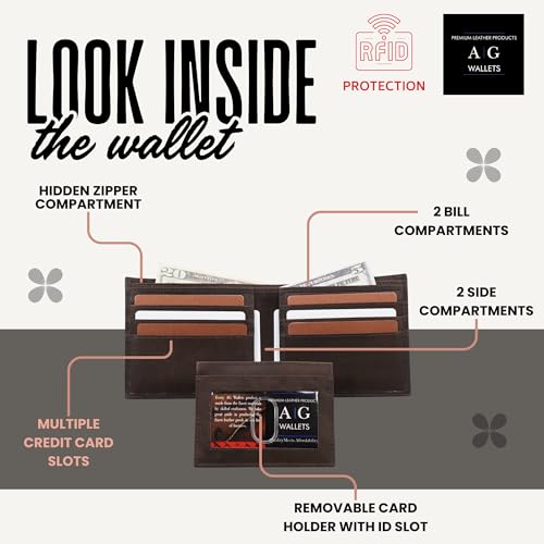 Image of AG Wallets Leather Wallet for Men - Sliding 2-in-1 Bifold Wallet with Removable Card Holder & RFID Protection - Premium Travel Wallet - Versatile & Functional Design - Brown