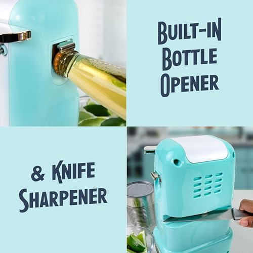 Image of Nostalgia Retro Electric Can Opener for Kitchen with Magnetic Lid Remover, Knife Sharpener, and Soda or Beer Bottle Opener, Aqua