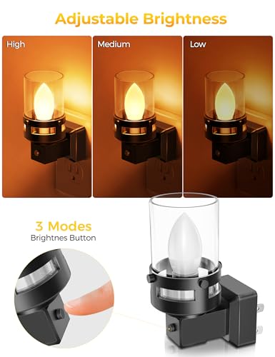 Image of Briignite Candle Night Light Plug in 2 Pack, Amber Nightlight Dimmable | Night Lights Plug into Wall LED, Dusk to Dawn Light Sensor, 1800K Amber Candle Nightlight for Kids Hallway Bathroom Bedroom