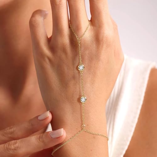 BAYLAY Hand Chain, Ring Bracelet Hand Chain 14K Gold Plated CZ Finger Ring Slave Bracelets Dainty Gold Bracelet for Women Zircon Hands Jewelry for Women Summer Essentials Boho Beach Gifts Trendy Stuff — view 3